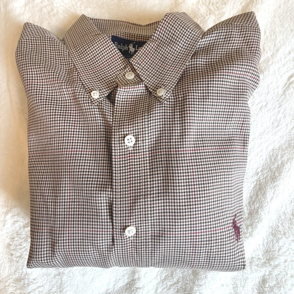 Ralph Lauren Yarmouth Mens Dress Shirt 17.5 34 Brown Check Cotton Button Down